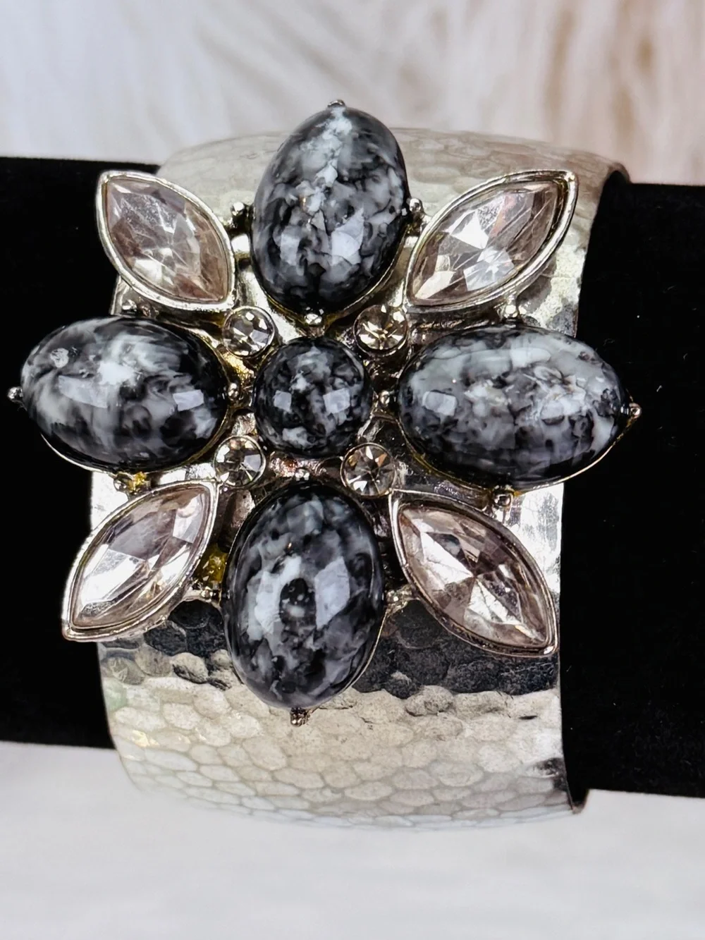 Vintage aged, Silvertone oxidized, colored accent, large cuff, runway bracelet